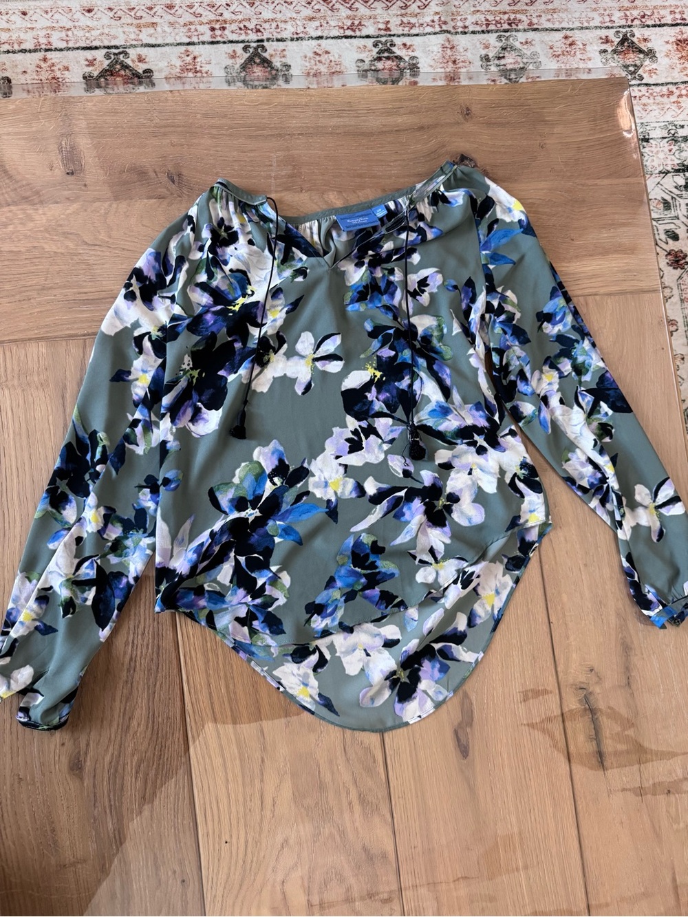 Simply Vera Vera Wang Floral Tie-Neck Blouse - Blue & Green - Women's XS